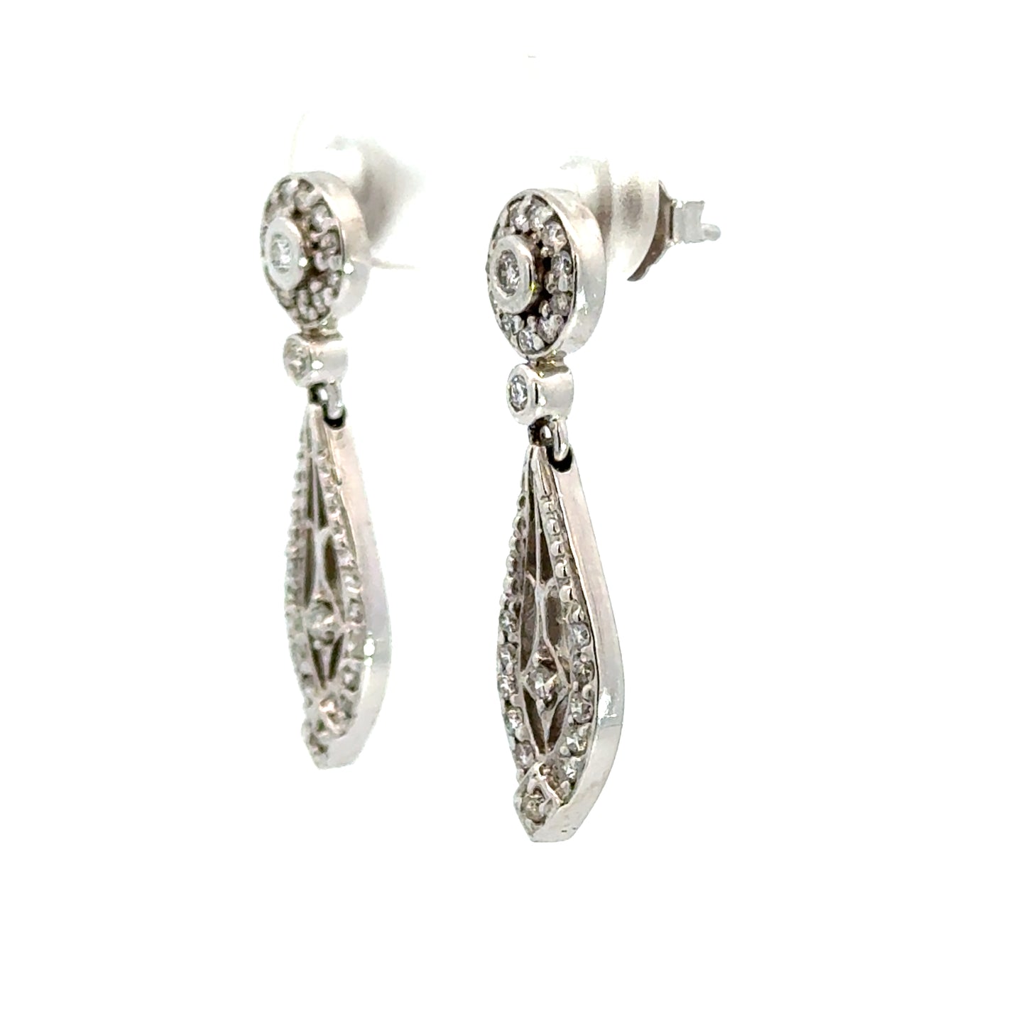 Elegant 14K White Gold Diamond Filigree Drop Earrings