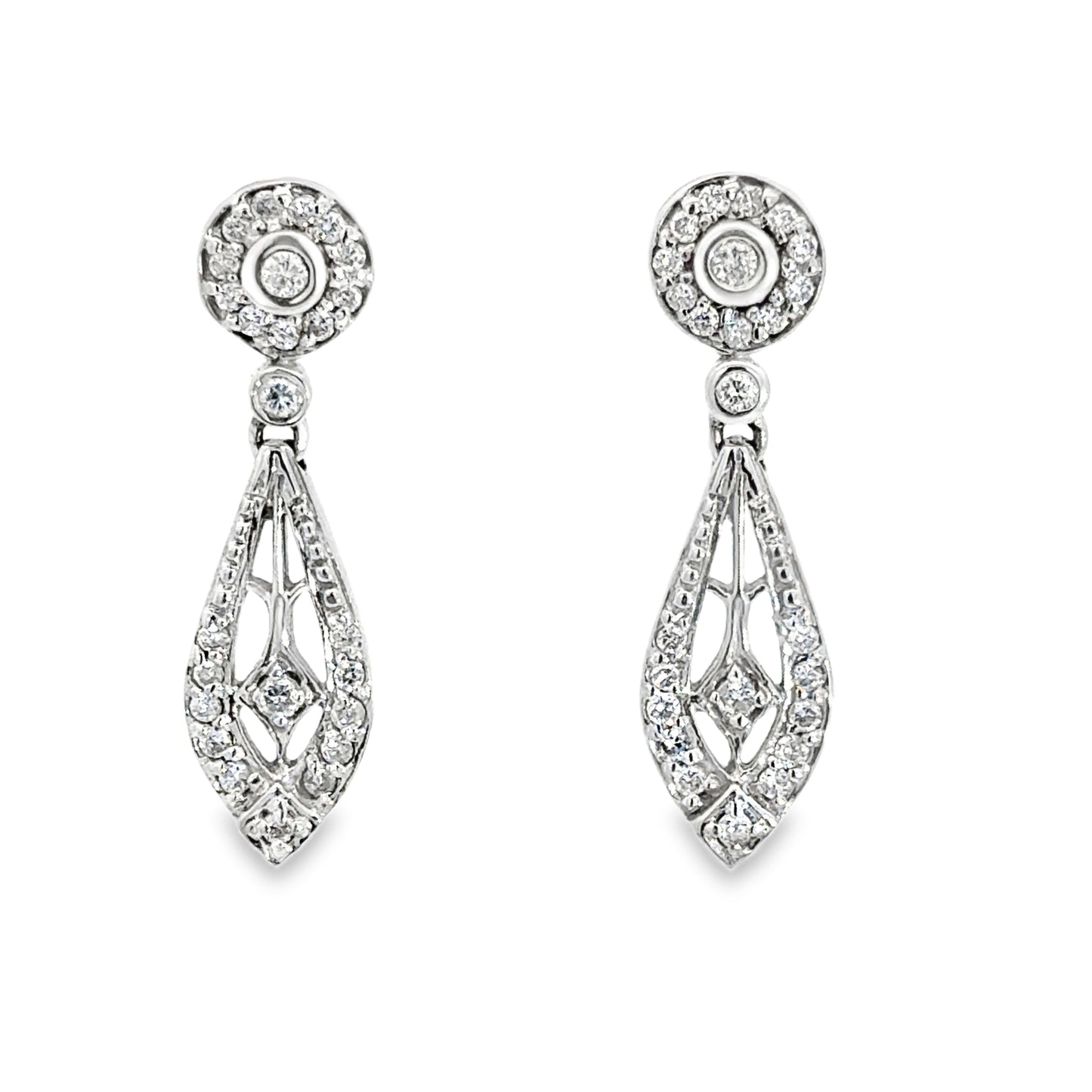 Elegant 14K White Gold Diamond Filigree Drop Earrings