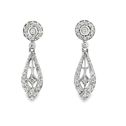Elegant 14K White Gold Diamond Filigree Drop Earrings