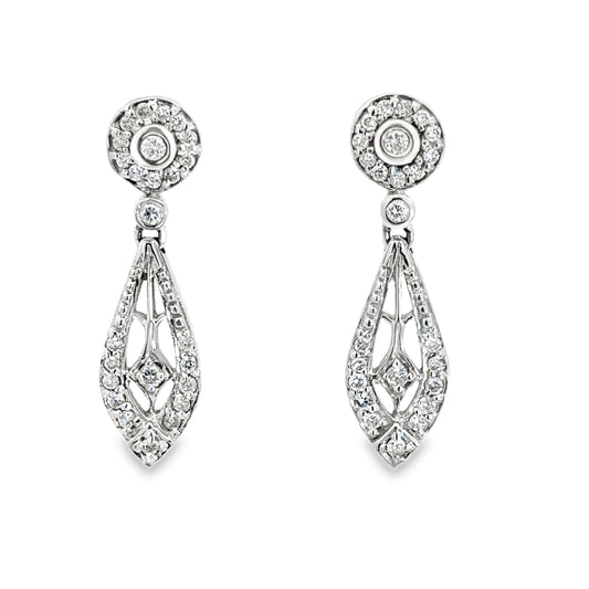 Elegant 14K White Gold Diamond Filigree Drop Earrings