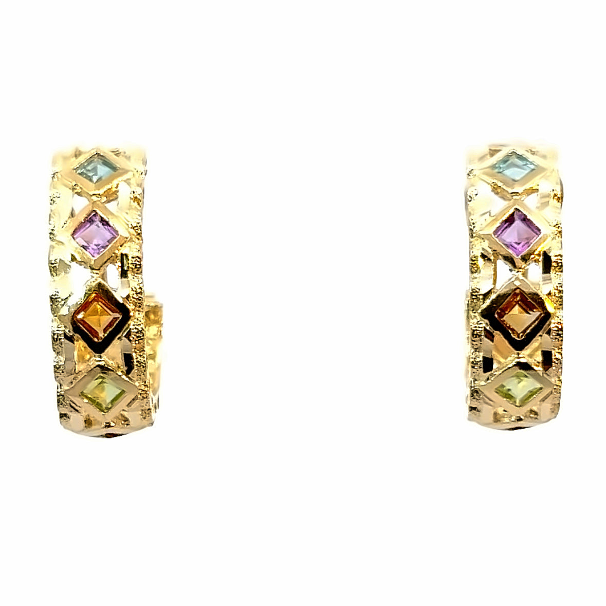 Multi-Colored Gemstone 14K Yellow Gold French-Clip Hoop Earrings
