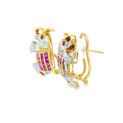 Vintage 14K Yellow Gold Diamond & Ruby Elephant Earrings
