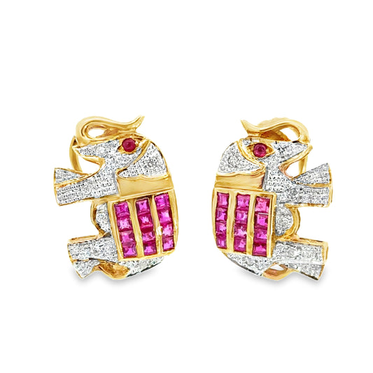 Vintage 14K Yellow Gold Diamond & Ruby Elephant Earrings