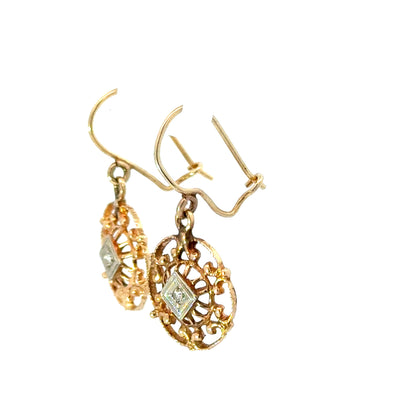 Vintage 14K Gold Diamond Filigree Medallion Drops