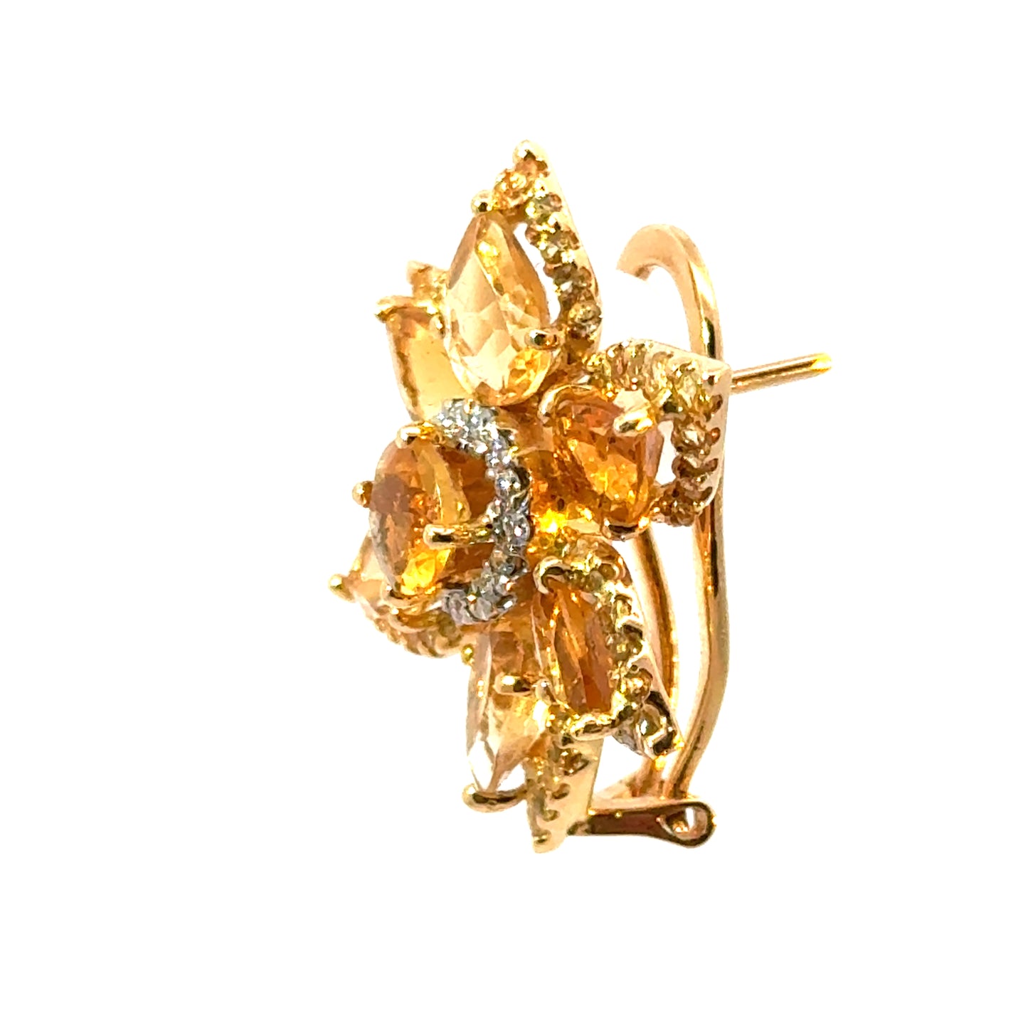 18K Yellow Gold Citrine Flower Earrings with Diamond Edges