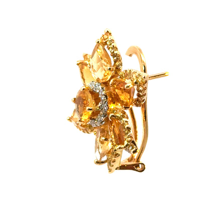18K Yellow Gold Citrine Flower Earrings with Diamond Edges