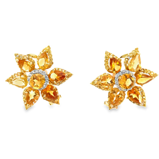 18K Yellow Gold Citrine Flower Earrings with Diamond Edges