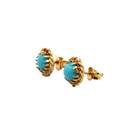 14K Yellow Gold     Round Turquoise Stud Earrings with Rope Detail