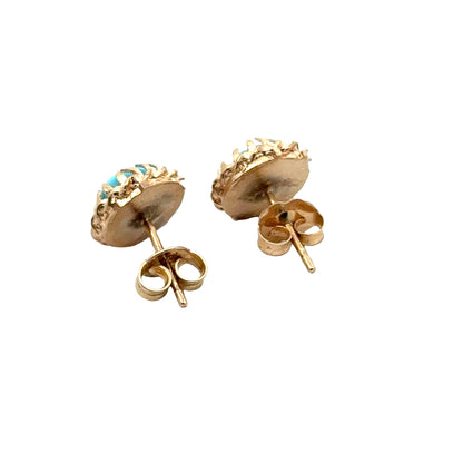 14K Yellow Gold     Round Turquoise Stud Earrings with Rope Detail