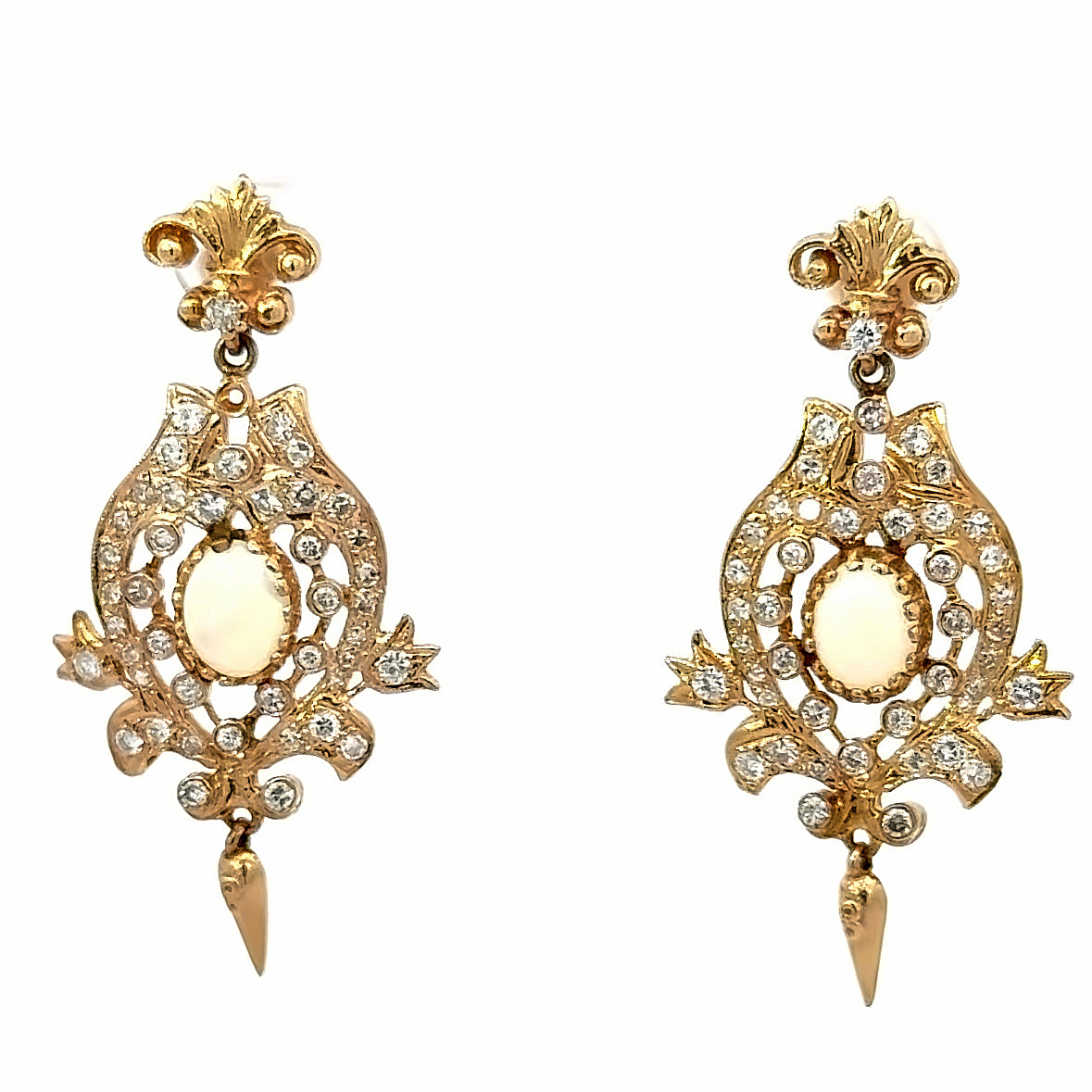 Glamorous 14K Yellow Gold Opal & Diamond Earrings