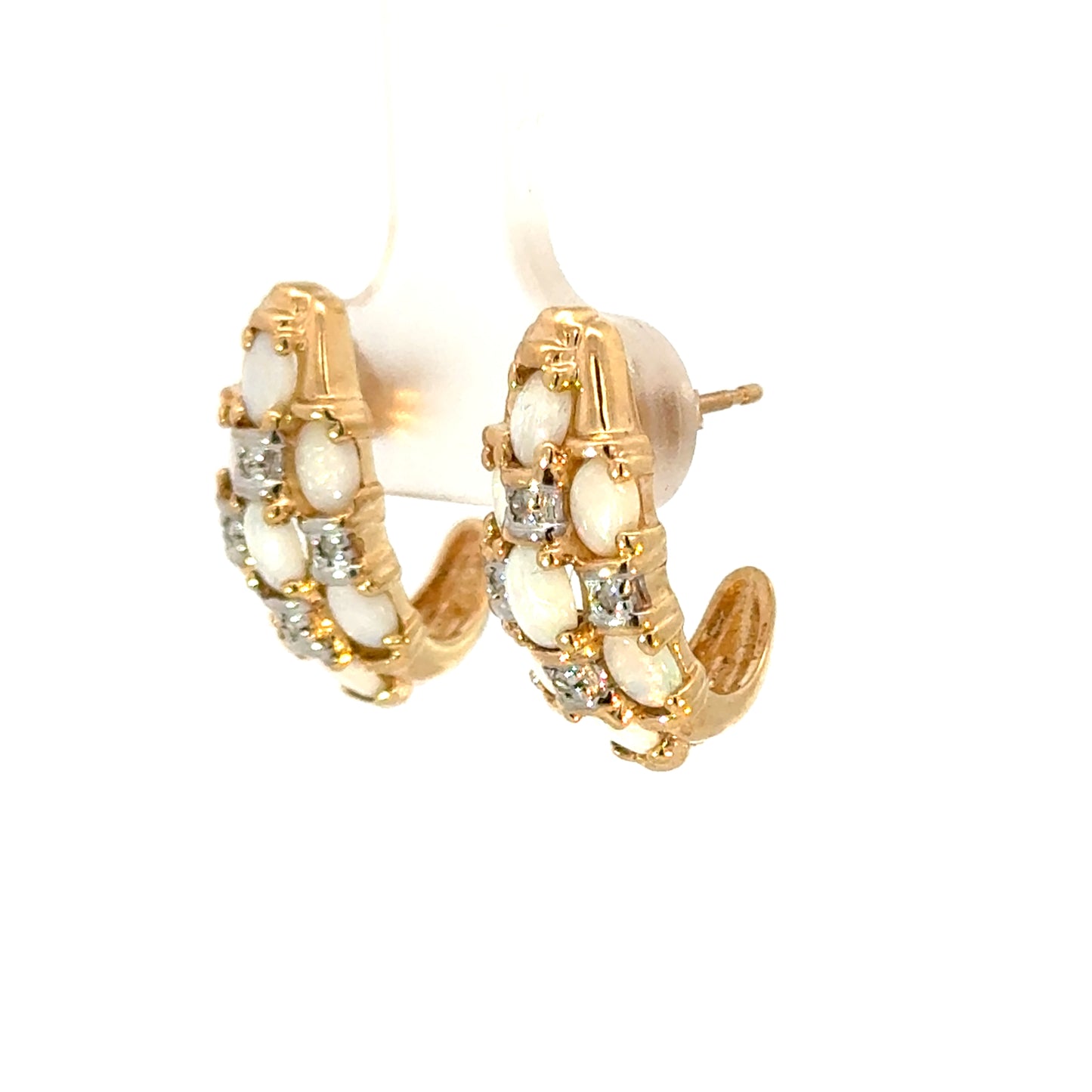 Vintage Opal Diamond Half Hoop Earrings 14K Gold