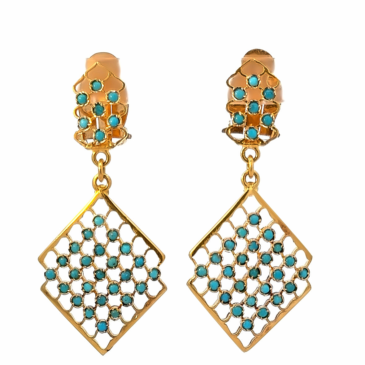 18K Yellow Gold Dangling Turquoise Clip-On Earrings