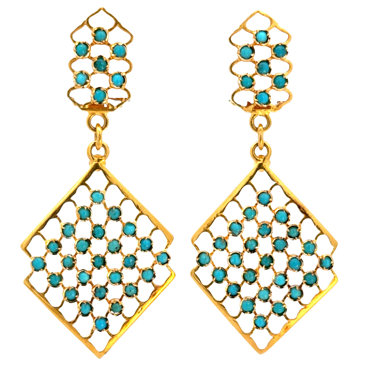 Vintage 18K Yellow Gold Turquoise Lattice Drop Earrings