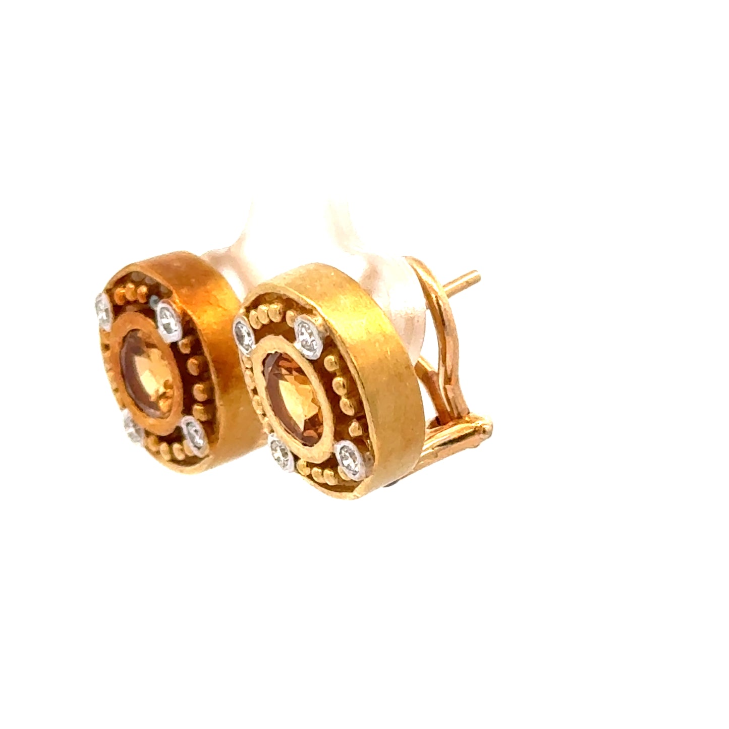 Vintage 18K Gold Round Citrine Earrings with Diamond Accents
