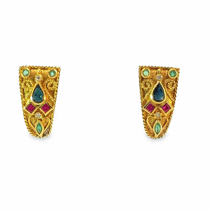 18K Yellow Gold Multi-Color Estate French-Clip Earrings
