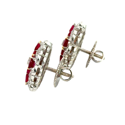 18K White Gold Ruby & Diamond Floral Stud Earrings, Screw-Back