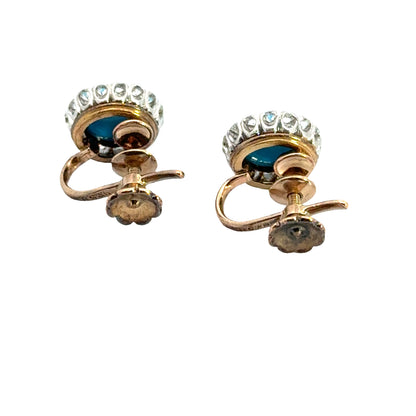 14K Two-Tone Gold Antique Turquoise & Diamond Halo Screw Back Earrings