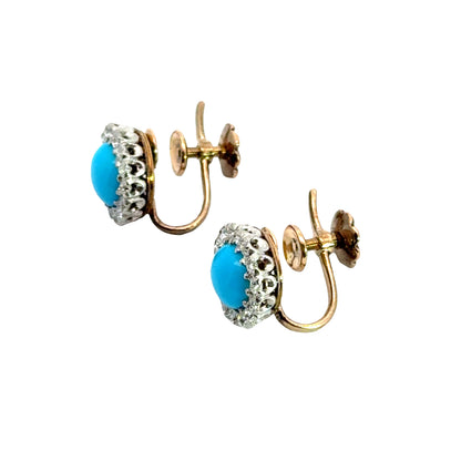 14K Two-Tone Gold Antique Turquoise & Diamond Halo Screw Back Earrings