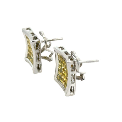 14K White Gold Square Yellow Diamond Cluster Earrings