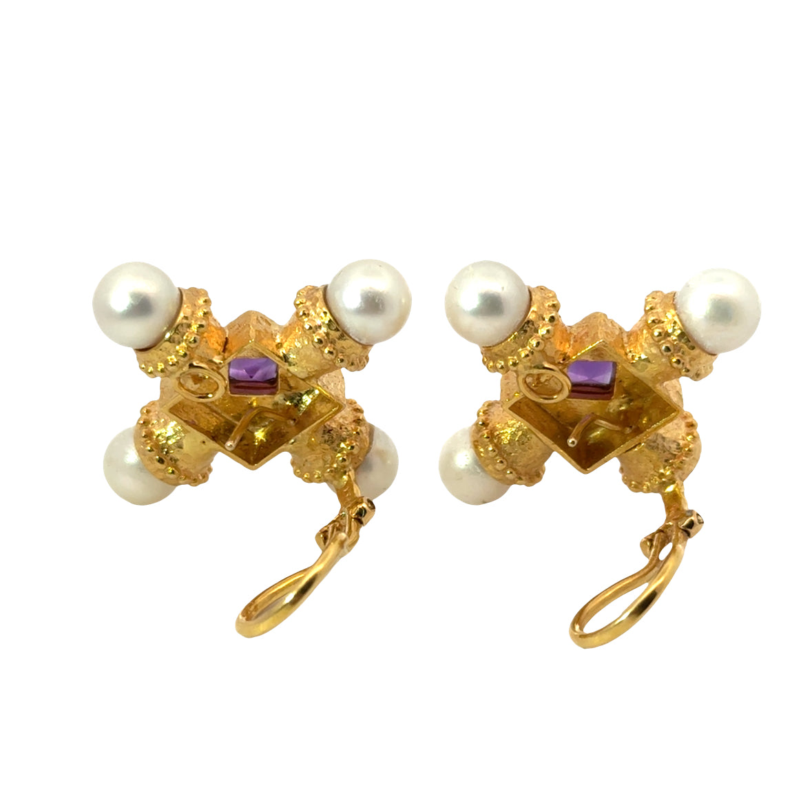 18K Yellow Gold Amethyst & Pearl Cross Earrings – French Clip