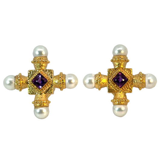 18K Yellow Gold Amethyst & Pearl Cross Earrings – French Clip