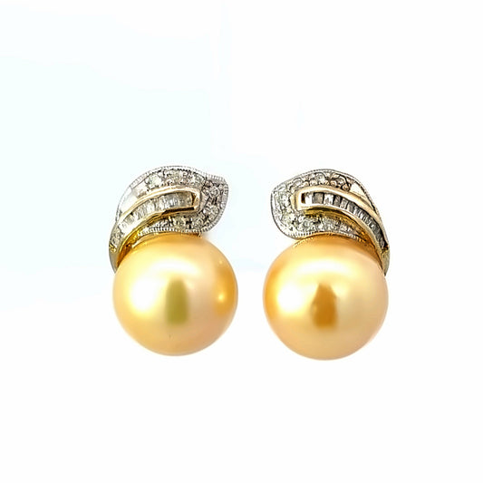 14K Gold Yellow Pearl & Diamond Earrings
