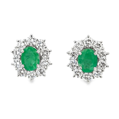 18K White Gold Emerald and Diamond Halo Stud Earrings