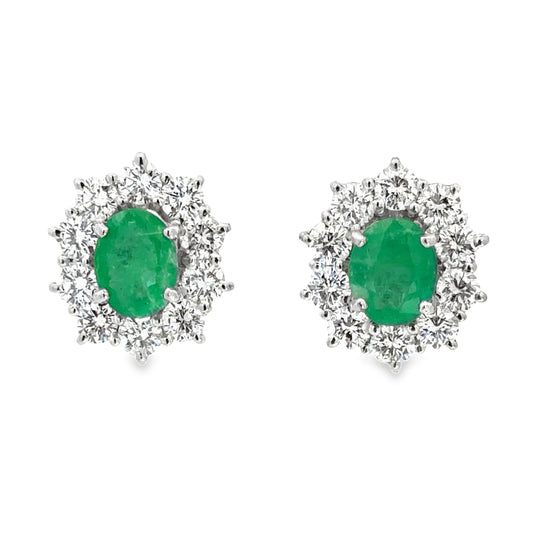 18K White Gold Emerald and Diamond Halo Stud Earrings
