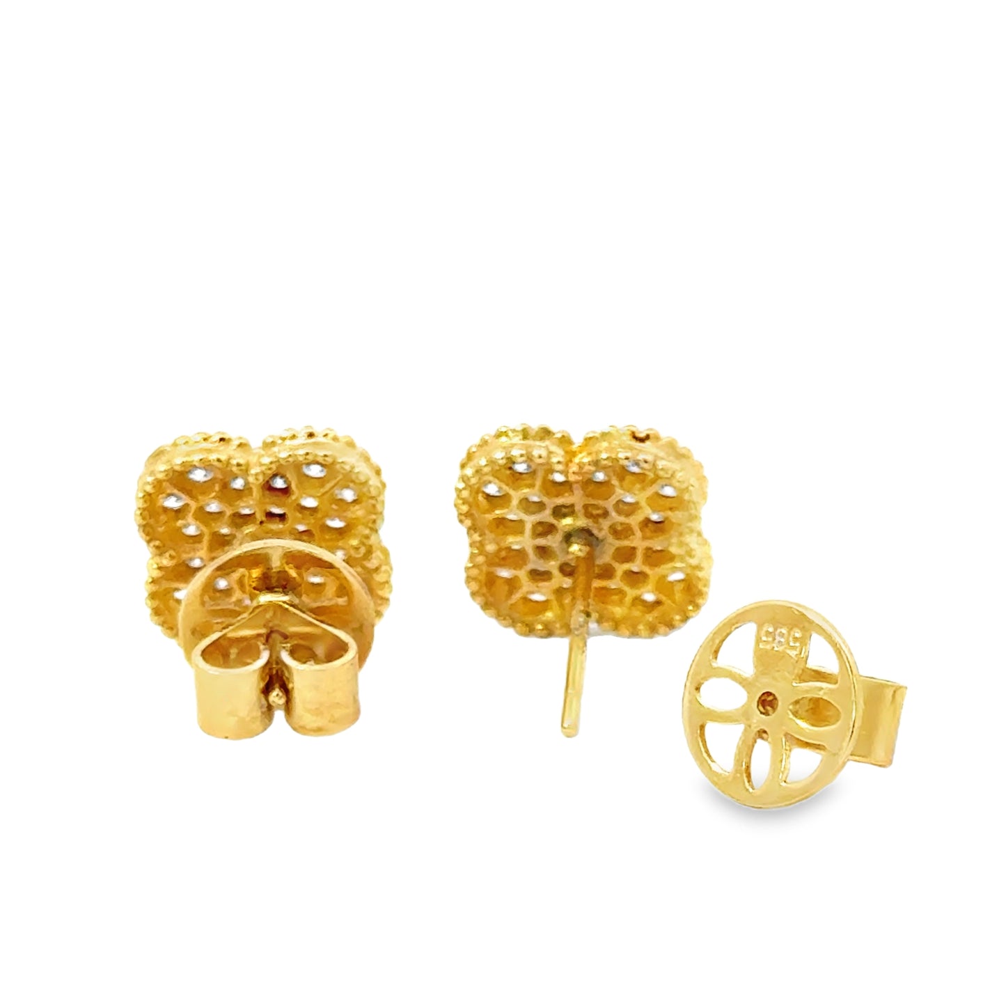 18K Yellow Gold Diamond Clover Stud Earrings