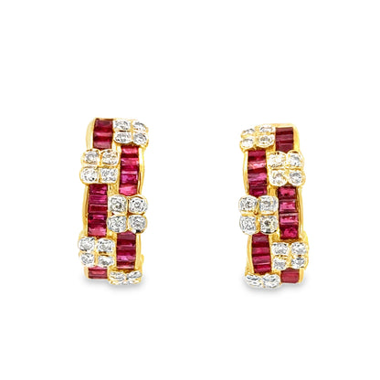 18K Gold Le Vian Ruby and Diamond Huggie Hoop Earrings