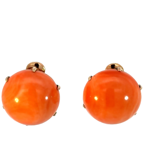 Vintage Yellow Gold Round Coral Clip-On Earrings