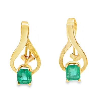 14K Yellow Gold Emerald French-Clip Earrings with Textured & Polished Finish