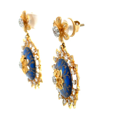 14K Yellow Gold Diamond & Blue Enamel Floral Jewelry Set