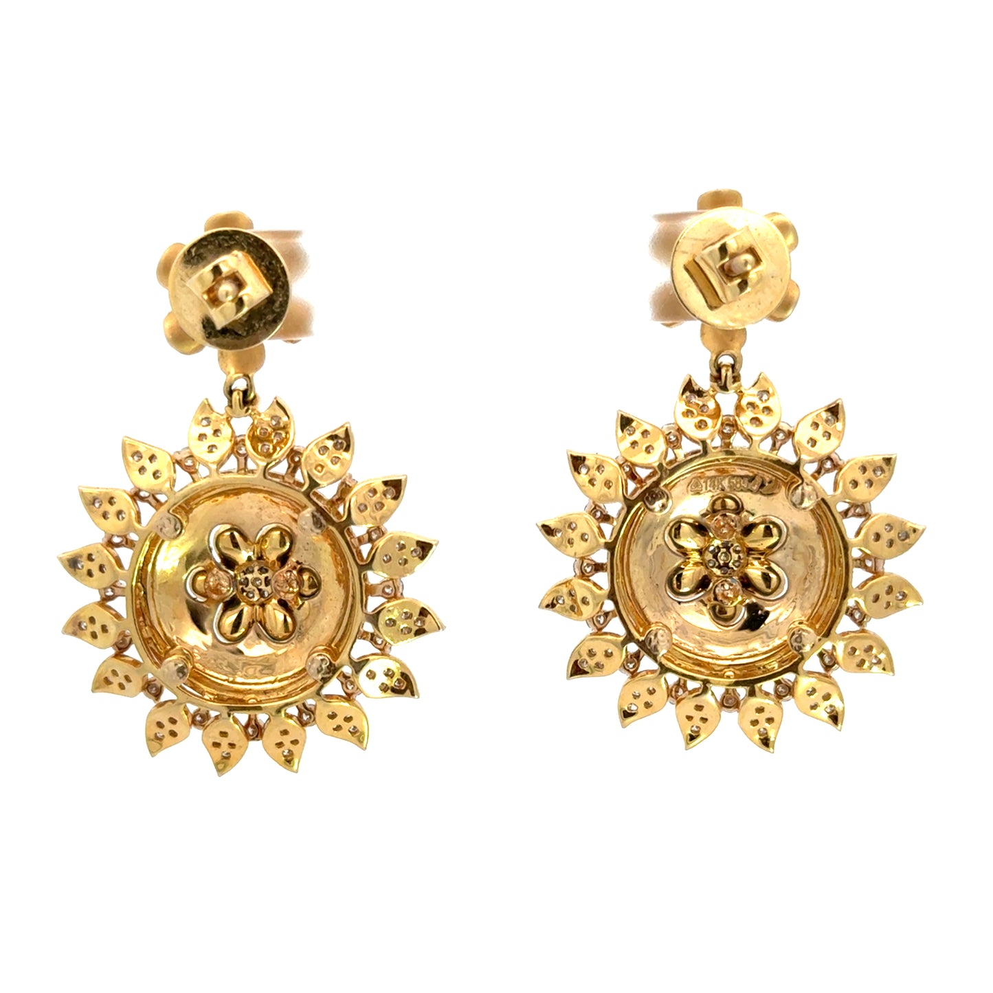 Luxury 14K Gold Diamond Sunburst Earrings with Hand-Painted Blue Enamel