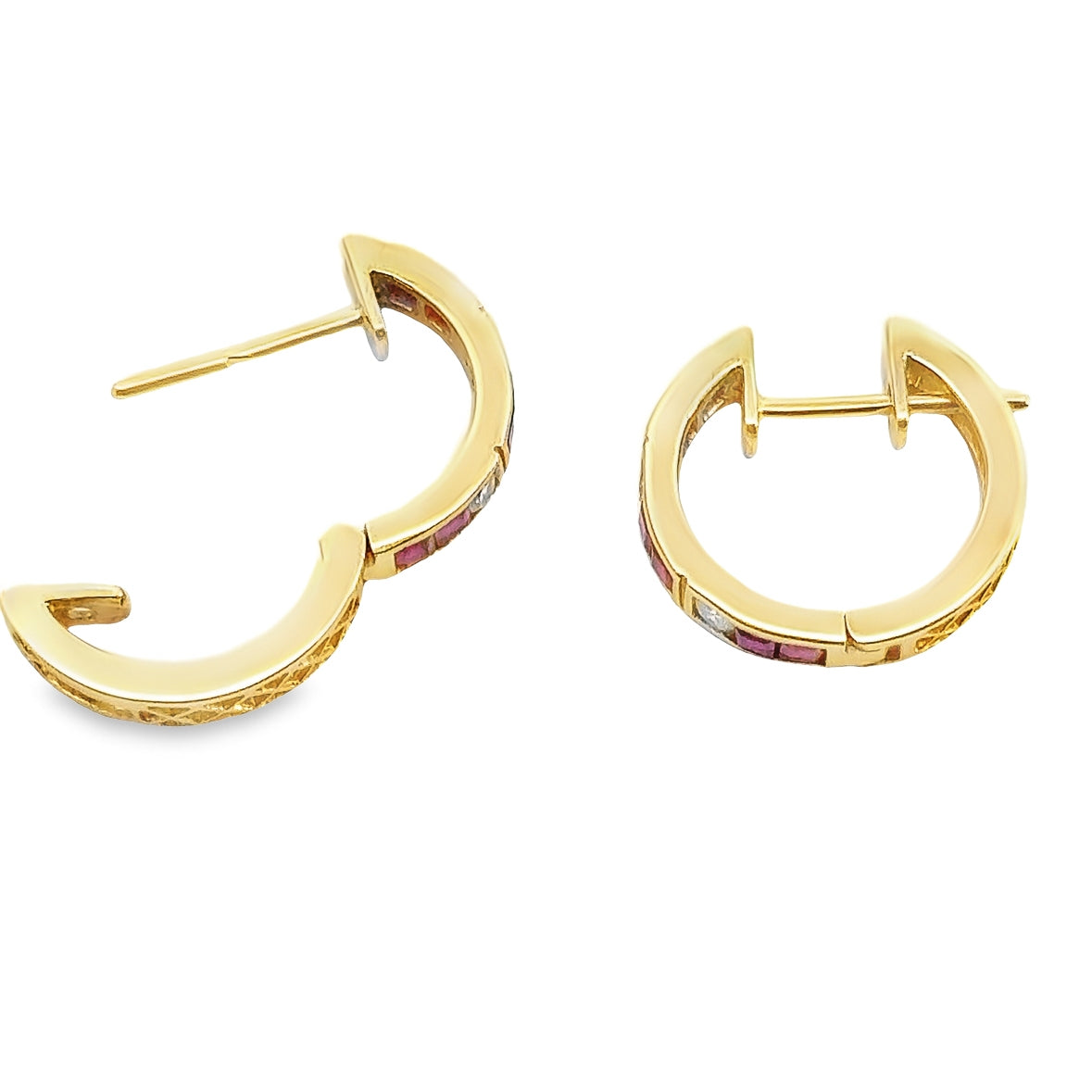 18K Yellow Gold Diamond & Ruby Small Hoop Earrings