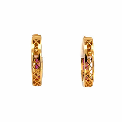 18K Yellow Gold Diamond & Ruby Small Hoop Earrings