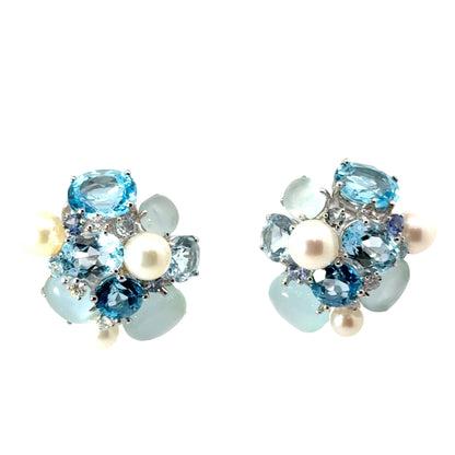 18K White Gold Aquamarine & Pearl Bubble French-Clip Earrings