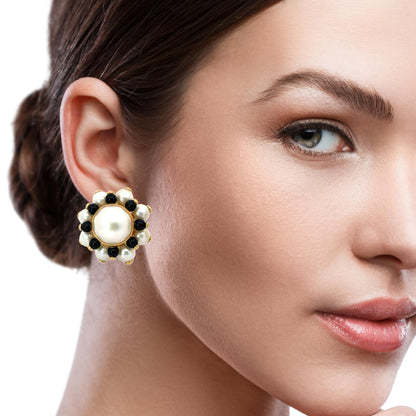 18K Yellow Gold Pearl & Onyx Flower Clip-On Earrings