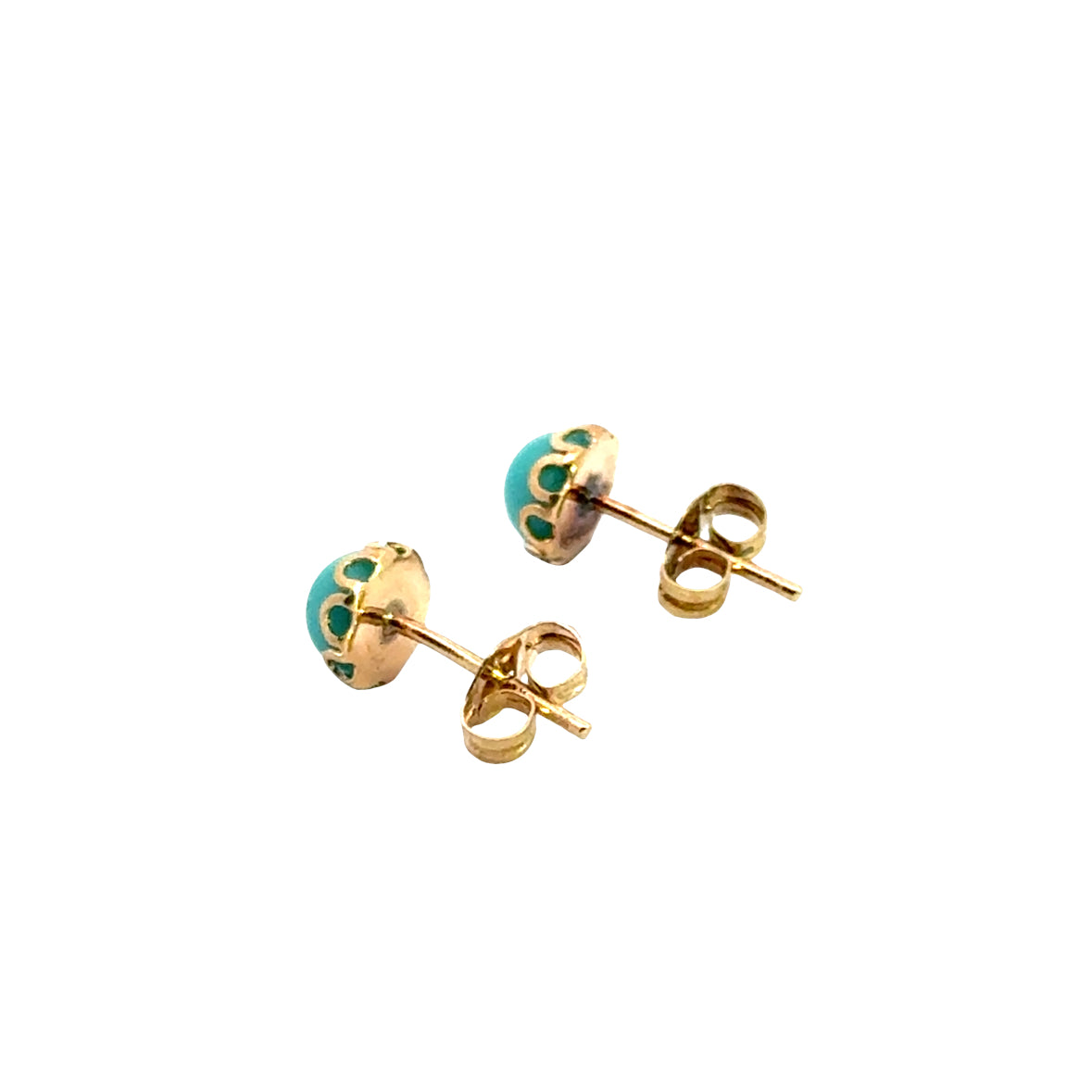 Petite Turquoise Cabochon Stud Earrings in 14K Scalloped Gold