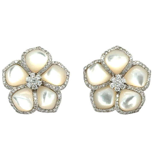 18K White Gold Mother-of-Pearl & Diamond Flower Earrings – Convertible Design
