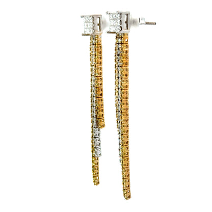 14K White Gold White & Yellow Diamond Long Drop Fringe Earrings