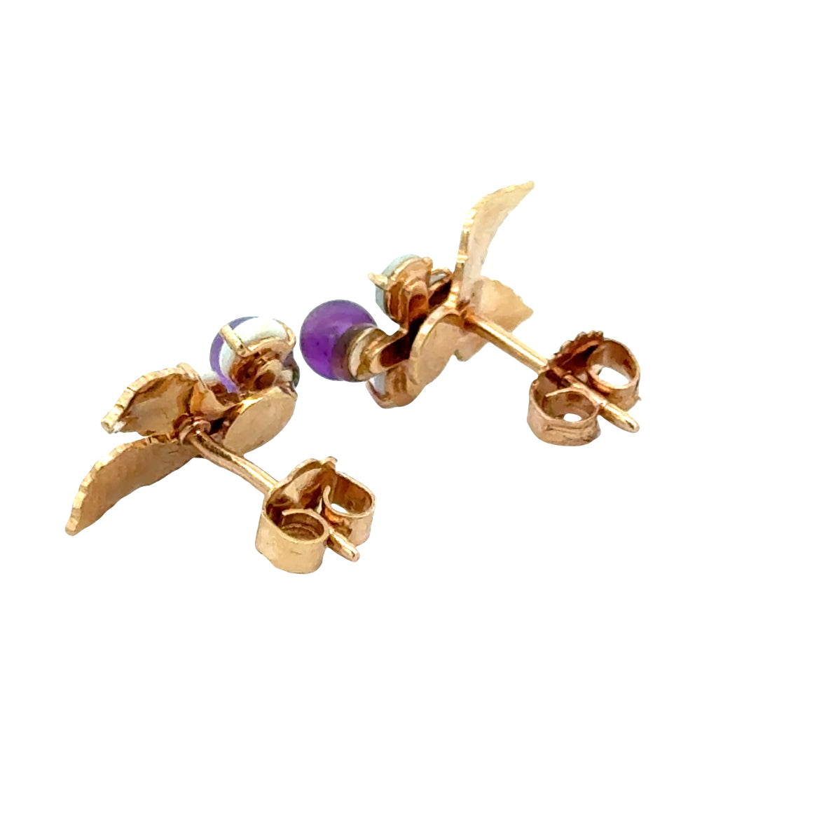 Vintage 14K Gold Opal & Amethyst Leaf Earrings