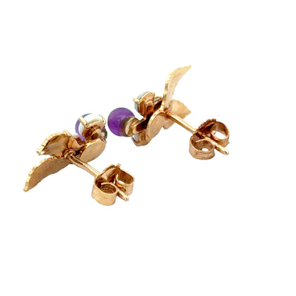 Vintage 14K Gold Opal & Amethyst Leaf Earrings
