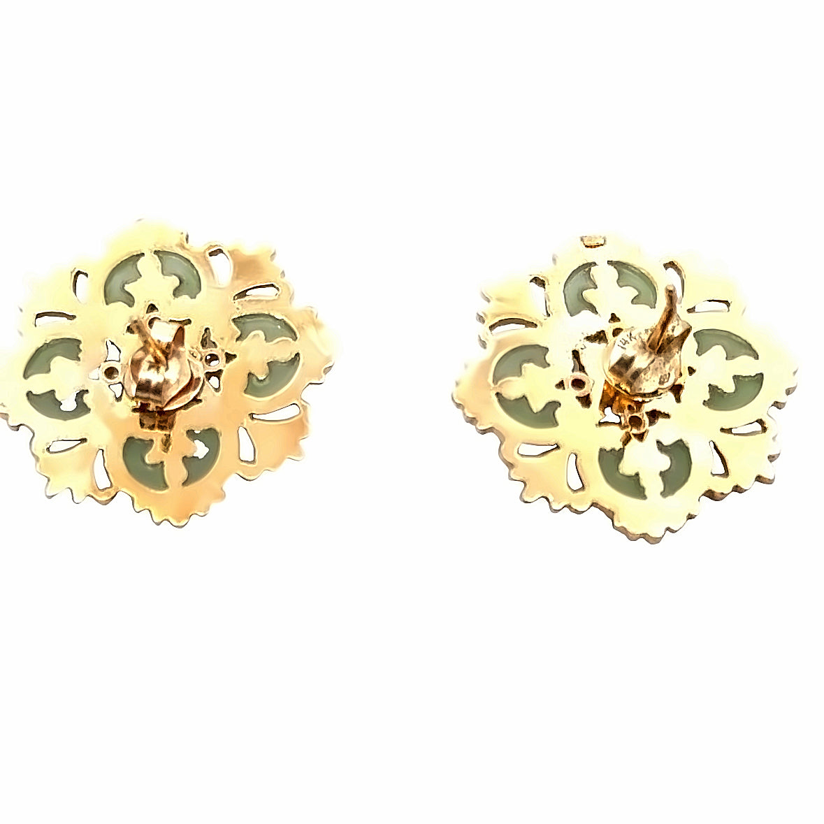 1940’s Vintage Floral 14K Yellow Gold Green Enamel & Diamond Earrings