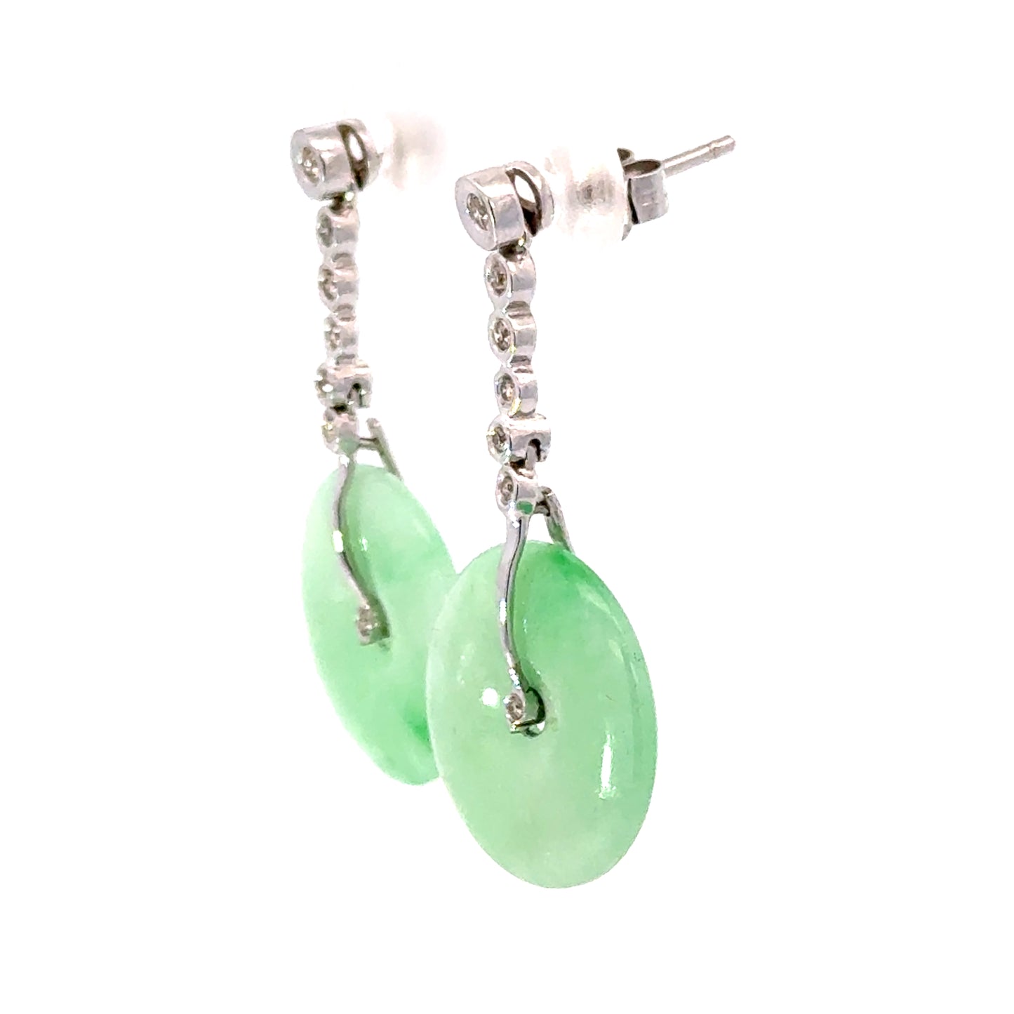 18K White Gold Dangling Jade Disc Earrings, Diamond Accents