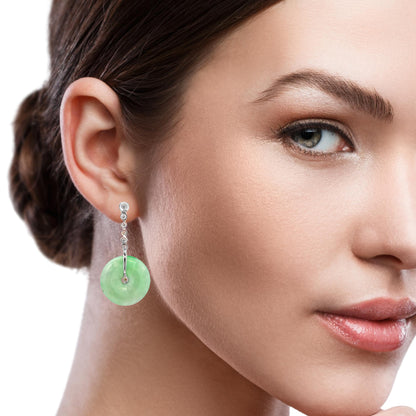 18K White Gold Dangling Jade Disc Earrings, Diamond Accents