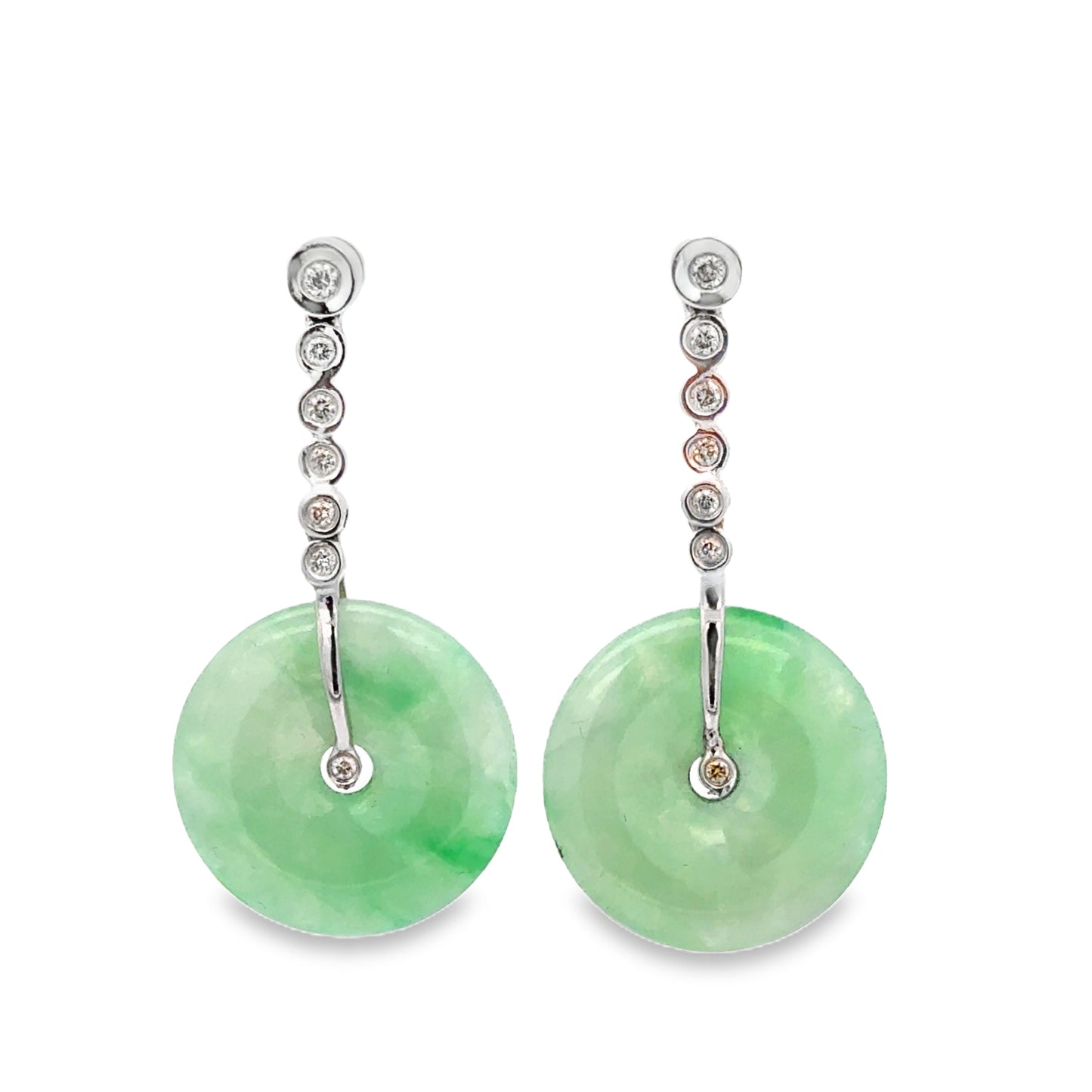 18K White Gold Dangling Jade Disc Earrings, Diamond Accents