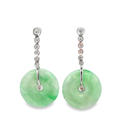 18K White Gold Dangling Jade Disc Earrings, Diamond Accents