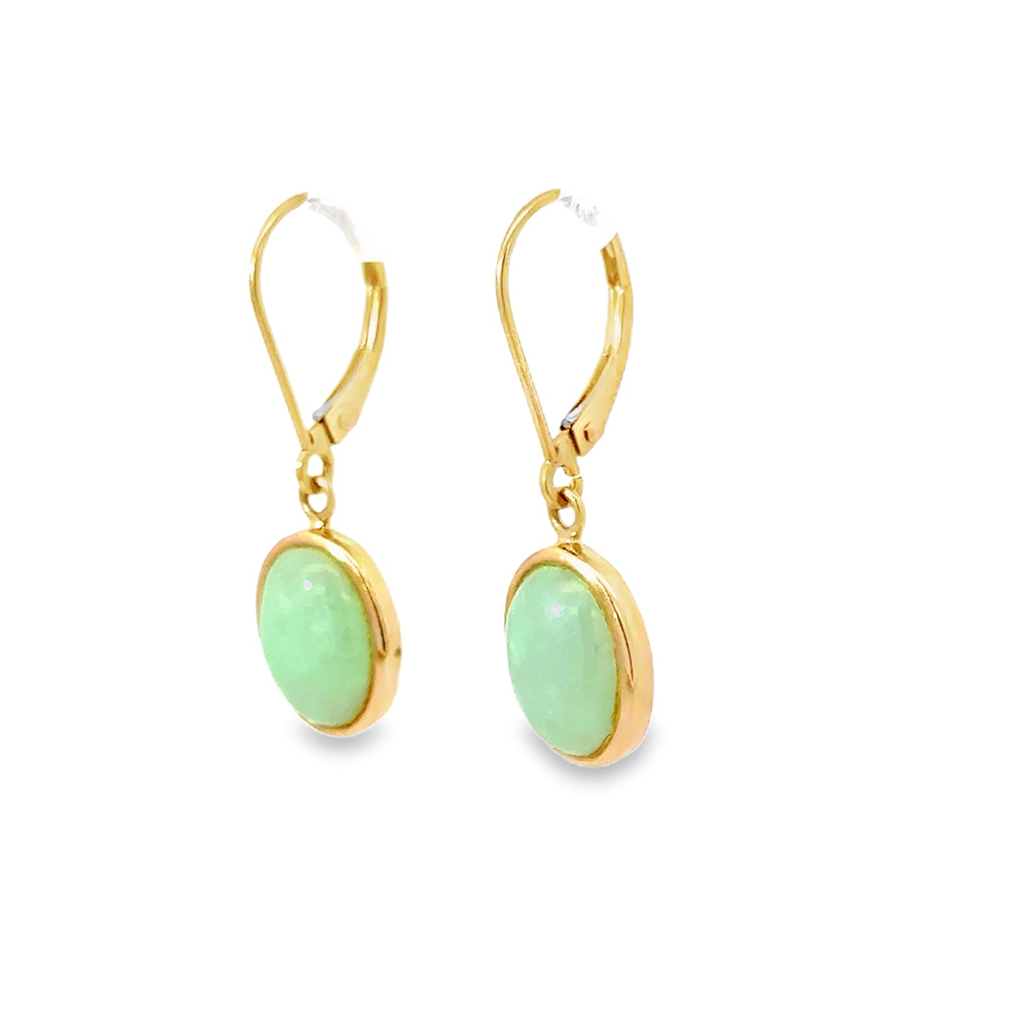 14K Yellow Gold Oval Green Jade Drop Earrings