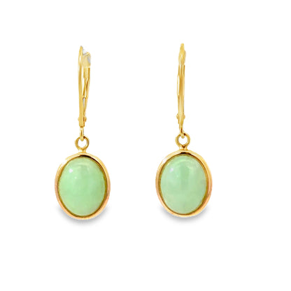 14K Yellow Gold Oval Green Jade Drop Earrings